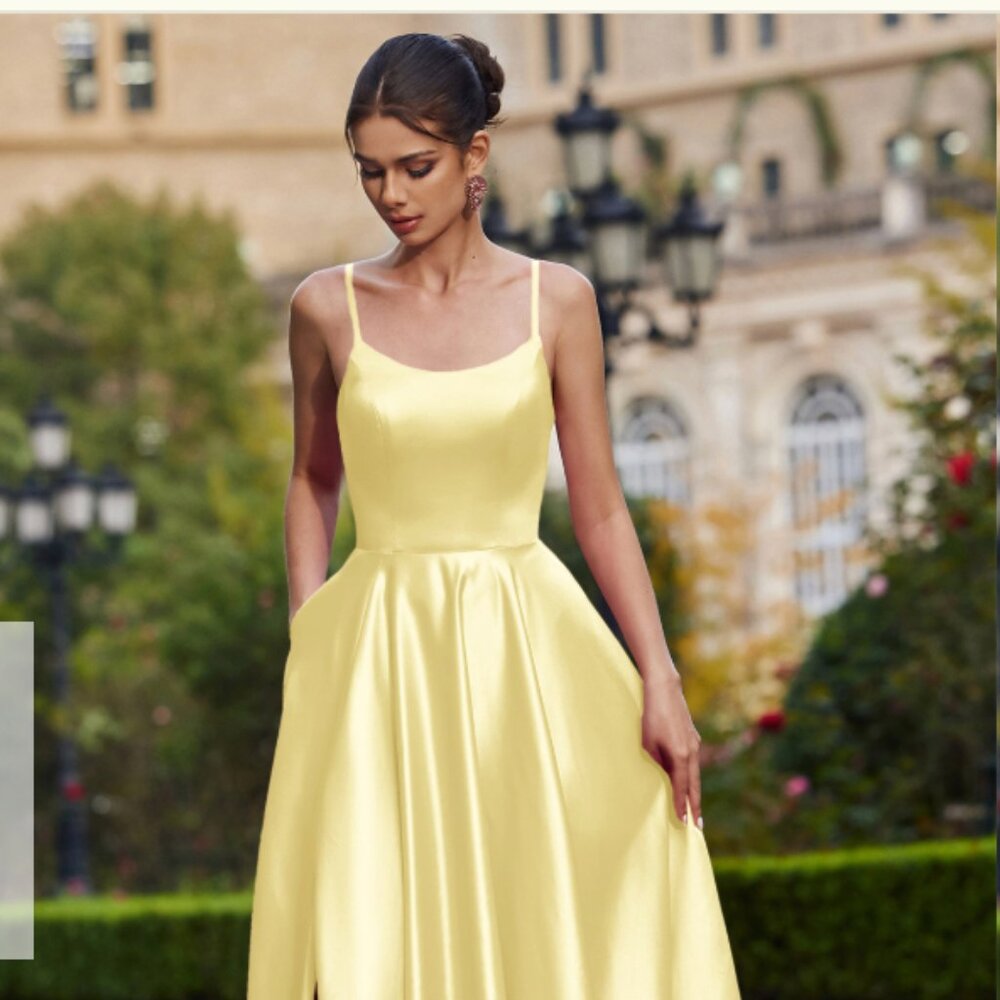 A-line Square Neckline Sleeveless Floor-Length Satin Prom Dress w Pockets Split - Picture 6 of 6